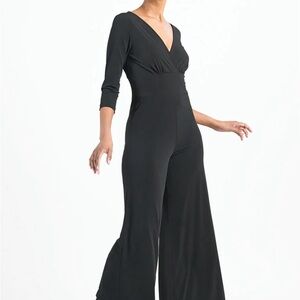 Clara Sun Woo Black V Neck 3/4 Sleeve Wide Leg Palazzo Pull On Jumpsuit S